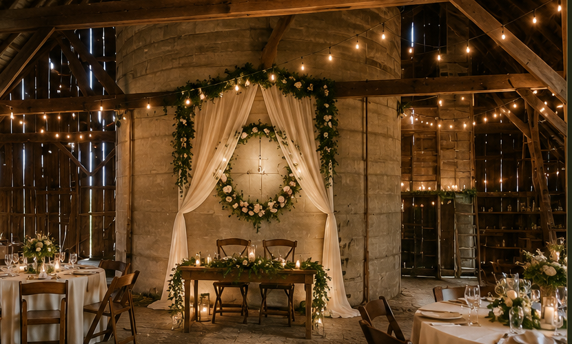 The barn venue set for a ceremony